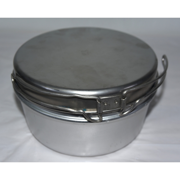Portable stainless steel camping pot or Billy tin- designed for cooking over a fire or a stove