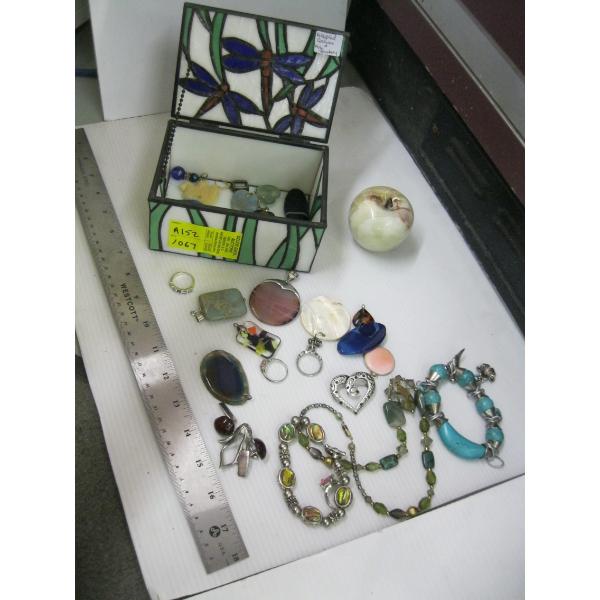 LEADED DRAGONFLY BOX W/ASST. COSTUME JEWELLERY