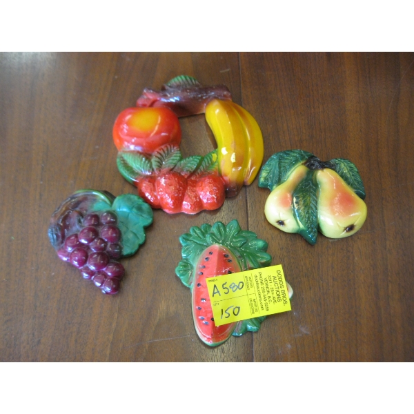 4 VINTAGE FRUIT CHALKWARE WALL HANGINGS