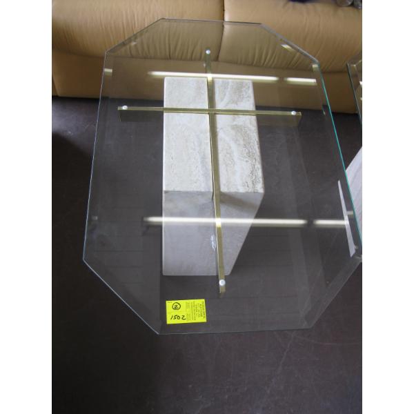PAIR OF BRASS MARBLE & GLASS TOP END TABLES