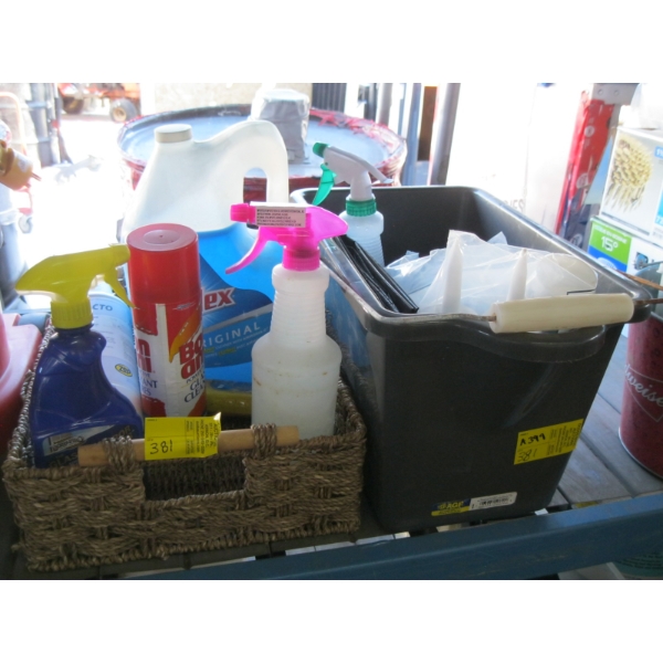 BASKET OF MISC. CLEANERS & A TUB W/MISC. CAULKING, ETC.
