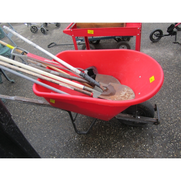 RED PLASTIC WHEELBARROW W/GARDEN TOOLS