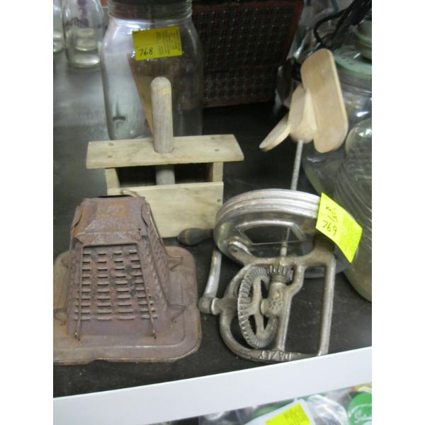 MISC. HAND CHURN - NO GLASS, BUTTER PRESS & A TOASTER