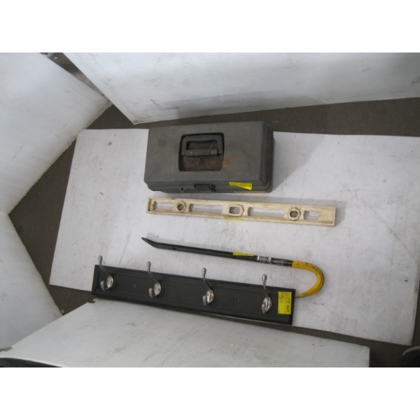 PLASTIC TOOLBOX W/MISC. CONTENTS: HAMMER, SHOVEL, ETC. & COATRACK, PRYBAR, LEVEL