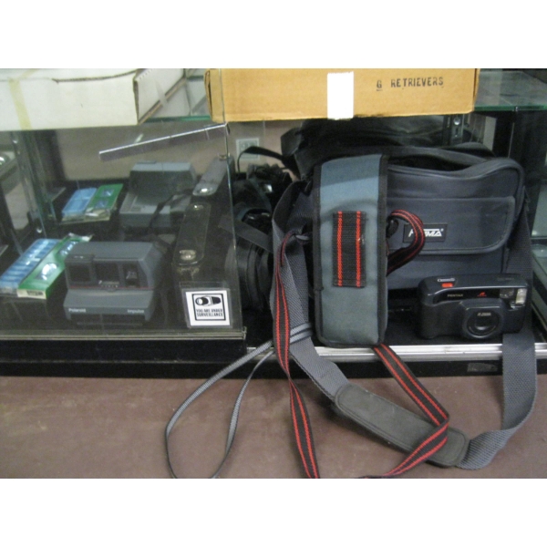 ASST. CAMERA ITEMS, PENTEX CAMERA, ANTIQUE KODAK BILLOWS CAMERA, POLAROID CAMERA, ETC.