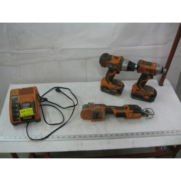 RIGID CORDLESS TOOL SET W/2 BATTERIES, CHARGER, DRILL IMPACT & SAWZALL