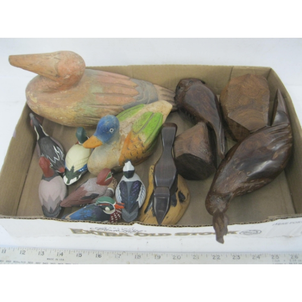 WOODEN CARVED ANIMALS, CERAMIC DUCKS, ETC.