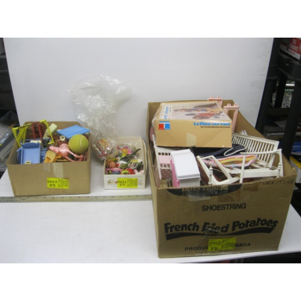 3 BOXES OF MISC. DOLLHOUSE FURNITURE, FIGURINES, COLLECTABLES, ETC.