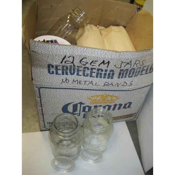 BOX OF CANNING JARS & GLASS TOPS
