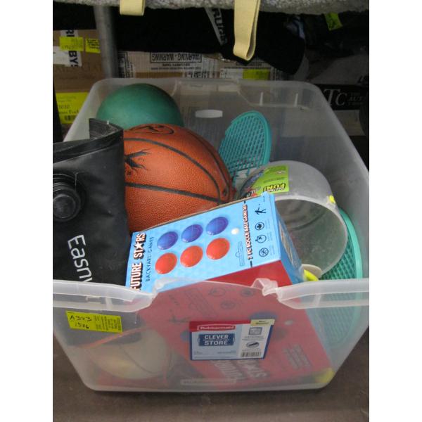 BIN OF MISC. BALLS, BOCCE BALL SET, ETC.