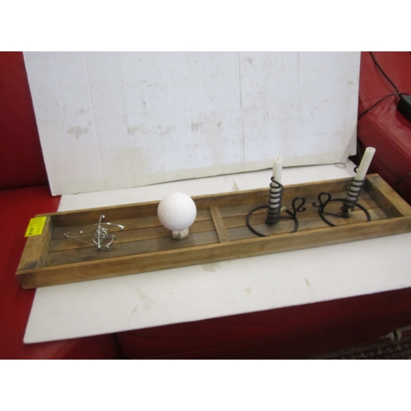 WOODEN TRAY W/"COURTING CANDLES", LIGHTED BALL, HELICOPTER
