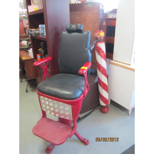 ANTIQUE BARBER CHAIR & WOODEN BARBER POLE