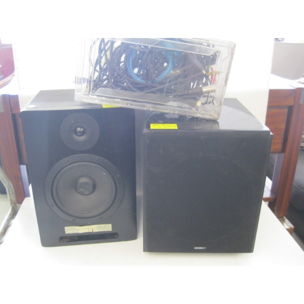 2 POWERED SPEAKERS & A CONTAINER OF ASST. ELECTRICAL CORDS