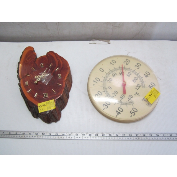 BURL WOOD CLOCK & A THERMOMETER