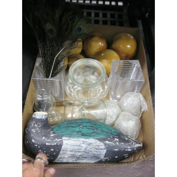 FLAT OF WOODEN BALLS, GLASS & WOODEN DUCK, ETC.