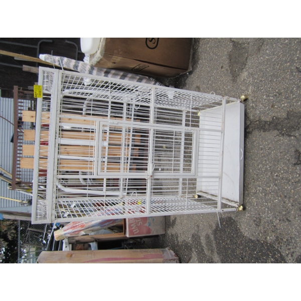 WHITE METAL BIRDCAGE, POSSIBLY MISSING PIECES