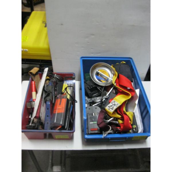 2 BINS OF MISC. TOOLS, BATTERIES, STUD FINDER, ETC.