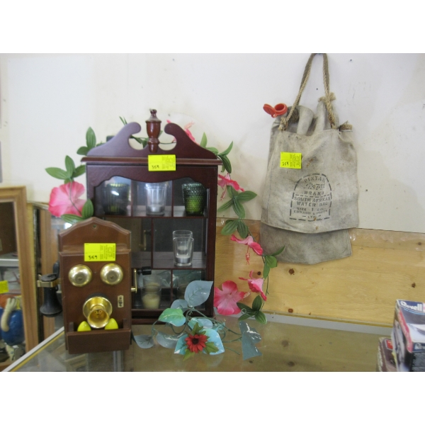 DISPLAY CASE W/CANDLES & DECORATIVE PHONE & 2 WATER BAGS