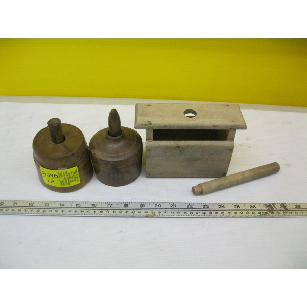 2 ROUND WOODEN BUTTER PRESSES & A RECTANGULAR BUTTER PRESS
