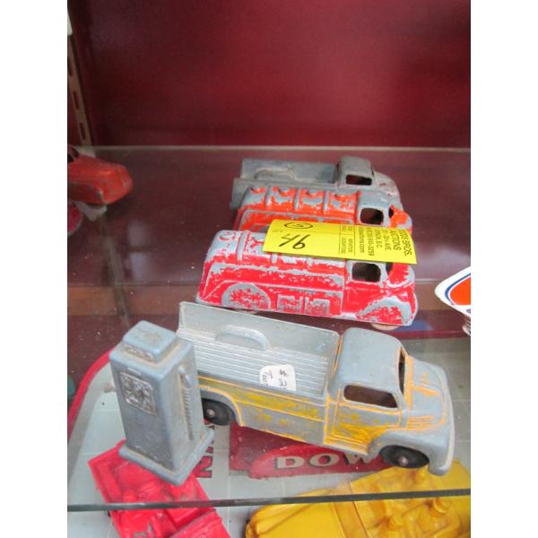 4 TRUCKS (TOOTSIE TOY)  & A GAS PUMP