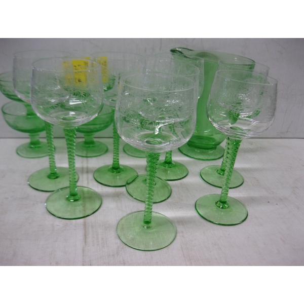 DEPRESSION GREEN GLASS PITCHER, 6 CUPS & 8 WINEGLASSES