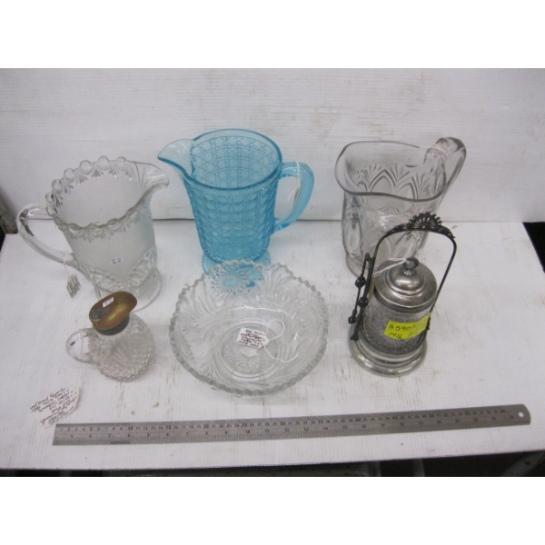 6 PIECES OF VINTAGE GLASSWARE W/PICKLE JAR