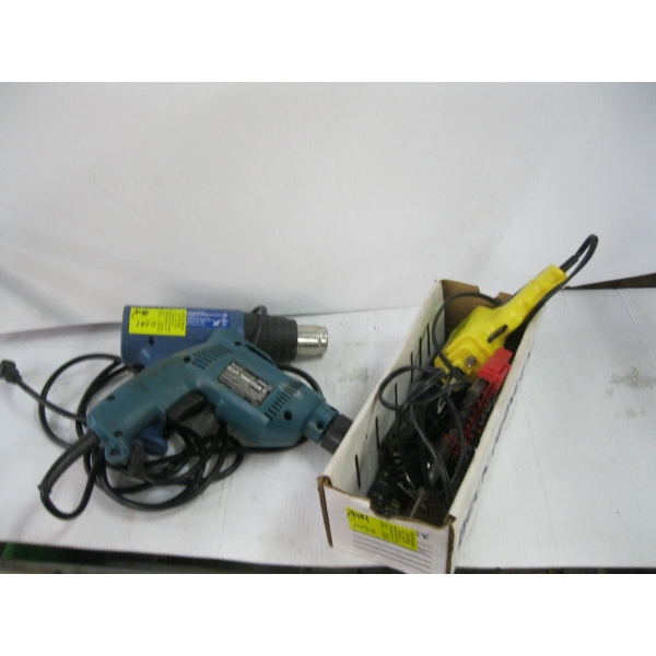 MISC. SOLDERING GUN, ALLAN KEYS, DRILL & HEAT GUN