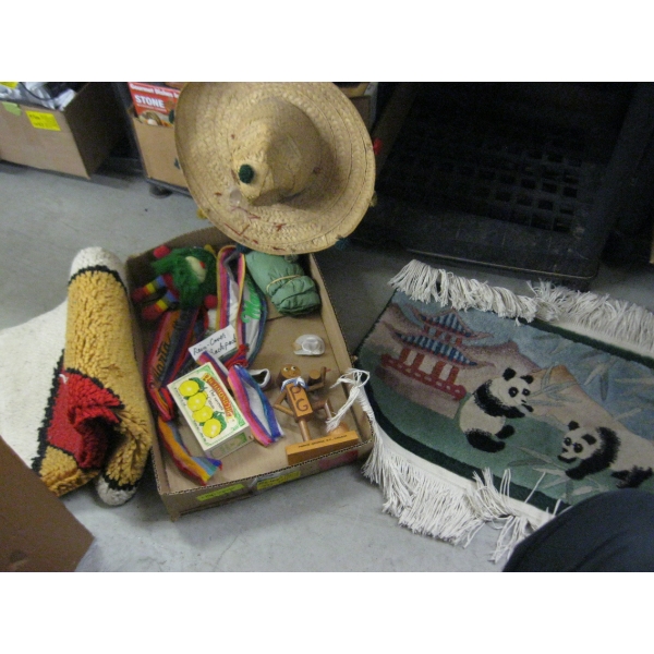 MISC. WOODEN FIGURINE, CARPETS, ETC.