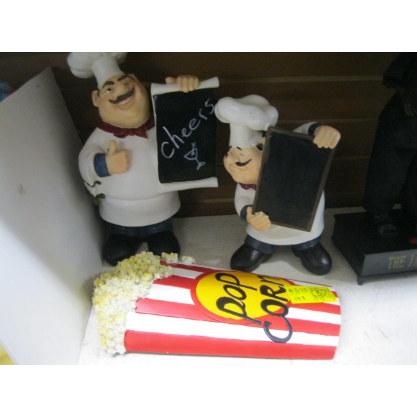 2 BAKER SIGN FIGURINES & WALL MOUNT POPCORN SIGN