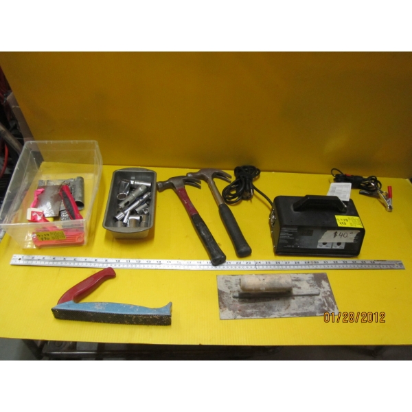 SM. TOTE OF MISC. TOOLS & A ELIMINATOR BATTERY CHARGER