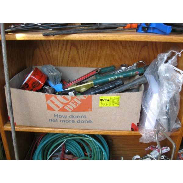 BOX OF MISC. HAMMERS, TAPE, TOOLS, ETC.