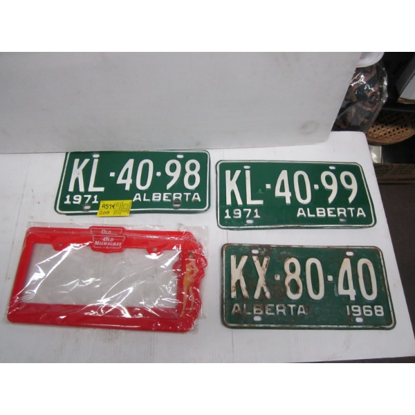 PAIR OF 1971 ALBERTA LICENCE PLATES, A 1968 ALBERTA LICENCE PLATE, ETC.