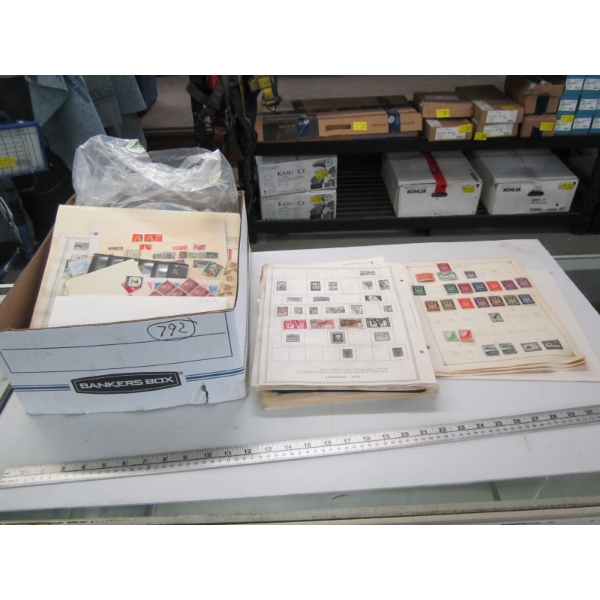 BOX OF ASST. STAMP PAGES, LOOSE STAMPS, ETC.