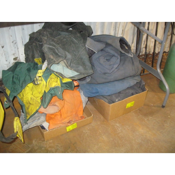 LOT OF ASST'D COVERALLS, OVERALLS, RAIN JACKETS, ETC.