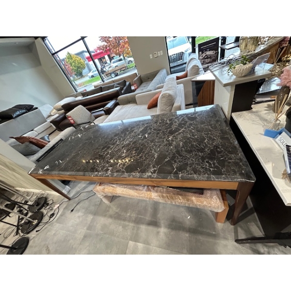 LG. MARBLE TOP WOOD FRAME DINING TABLE, 7'X40"