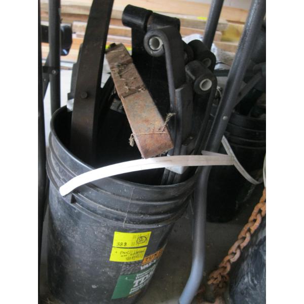 BUCKET W/ASST. LEAF SPRINGS & A BUCKET W/TRAILER PARTS, ETC.