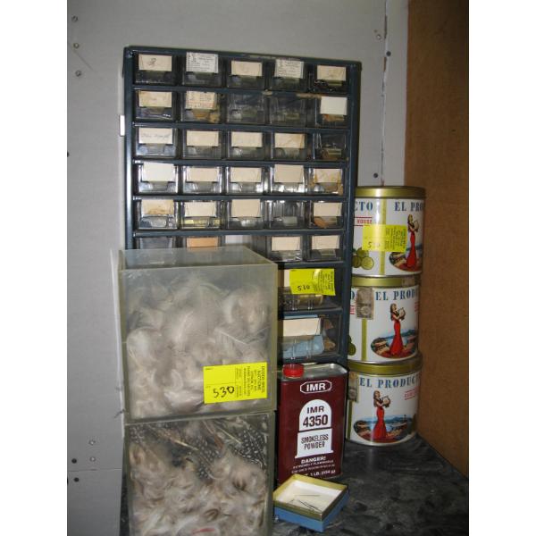 ASST. FLY TYING ITEMS: FEATHERS, LINE, VISE, ETC. & TOBACCO TINS