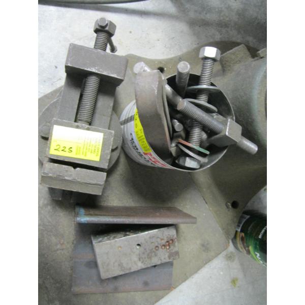 DRILL PRESS VISE & TIN OF MISC. HOLD DOWN BOLTS, ETC.