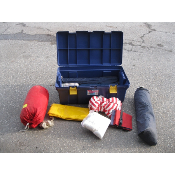 PLASTIC BIN W/ASST. SLEEPING BAG, TENT, ETC.