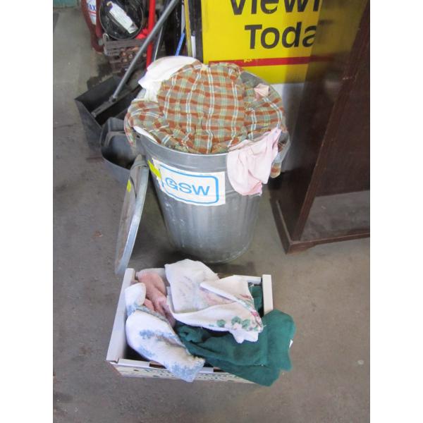 GARBAGE CAN W/ASST. RAGS & A BOX OF TOWELS