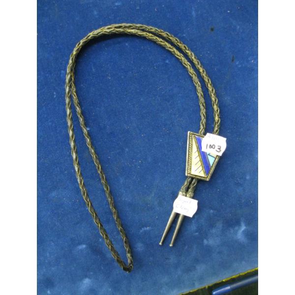 LEATHER & SILVER BOLO TIE, SIGNED E LONG