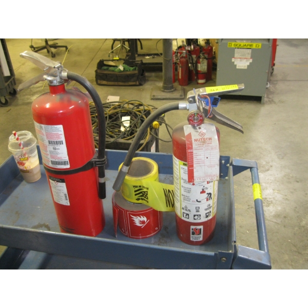 2 FIRE EXTINGUISHERS, PART ROLL OF CAUTION TAPE & FIRE STICKERS