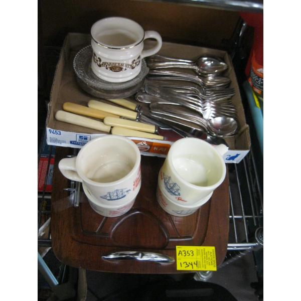 BOX OF MISC. SILVERPLATE CUTLERY, SHAVING MUGS, ETC.
