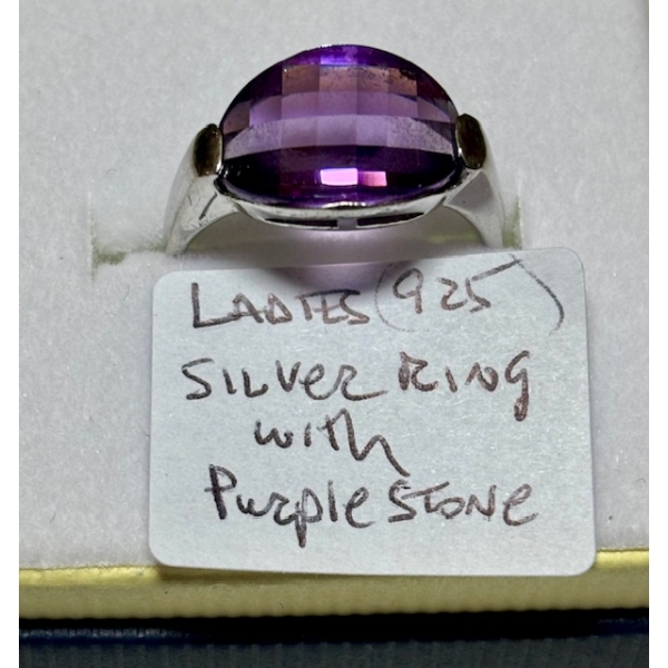 LADIES .925 SILVER RING W/PURPLE STONE, SZ 7 1/4