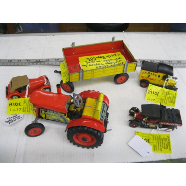 SMALL METAL DIECAST CARS & A TIN VINTAGE TRACTOR & WAGON