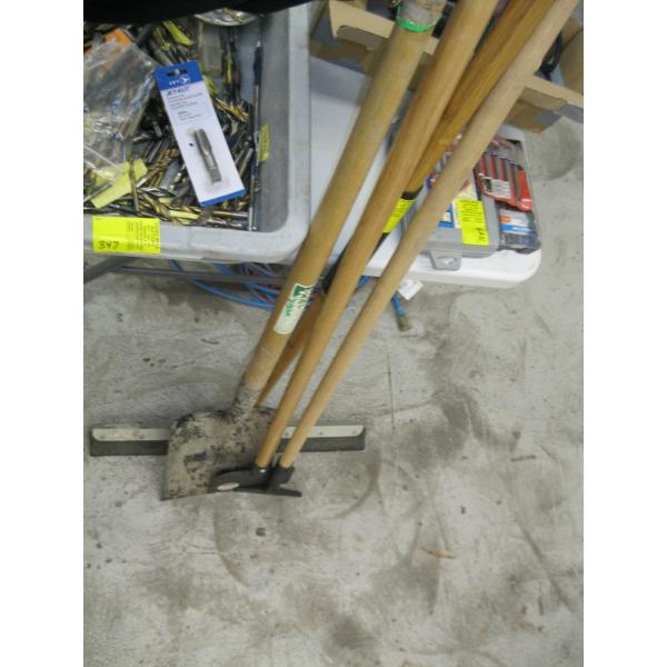 BUNDLE OF TOOLS, SQUEEGEE, SHOVEL, SCRAPER, ETC.