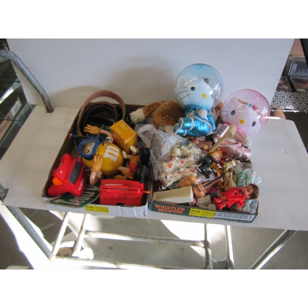 2 BOXES OF MISC. TOYS, BELTS, M&M FIGURINE, ETC.