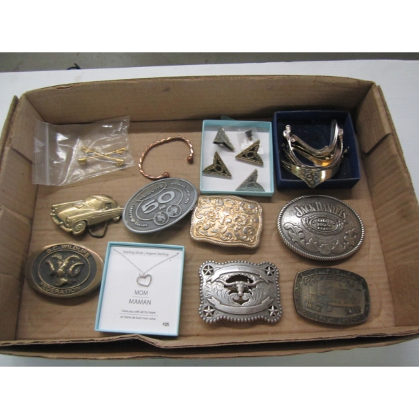 BOX OF BELT BUCKLES & MISC. ITEMS