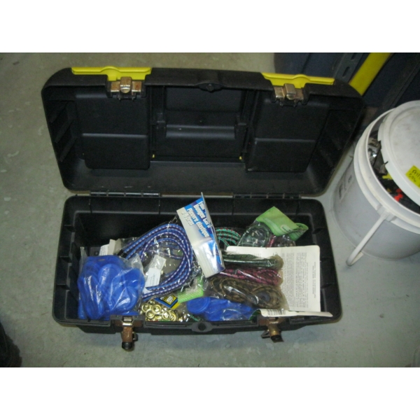 TOOLBOX W/MISC. BUNGEE CORDS, GROMMETS, ETC.