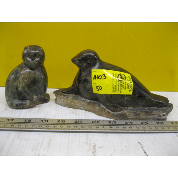 2 SOAP STONE CARVINGS - 1 OF CAT, 1 OF SEAL